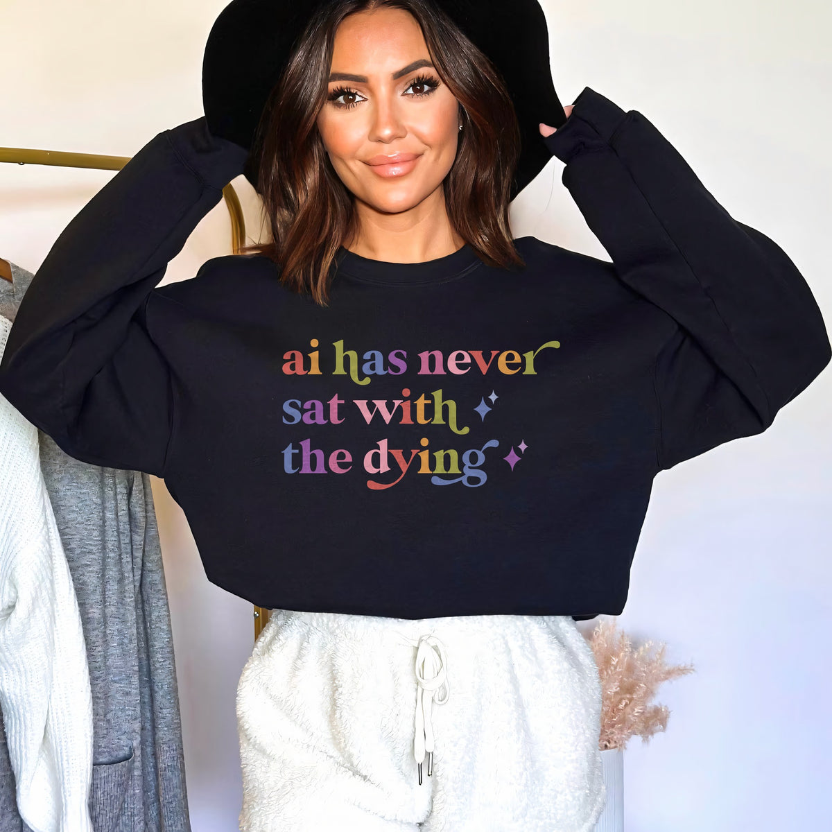 Ai Has Never Sat With the Dying Care & Resist Gildan crewneck sweatshirt in Black