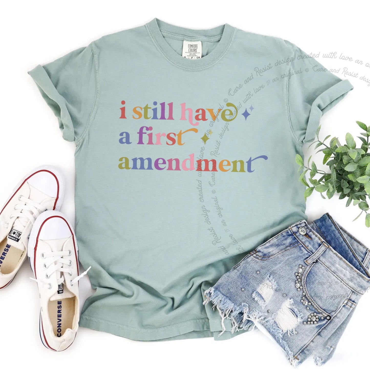 I Still Have a First Amendment Care & Resist rainbow Comfort Colors tee, Bay