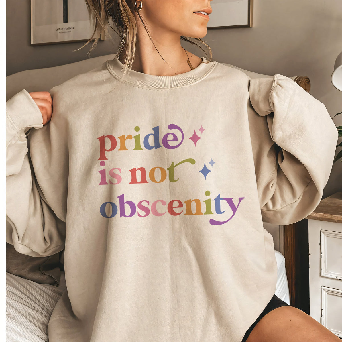 Pride is not Obscenity Care & Resist Gildan crewneck sweatshirt in Sand