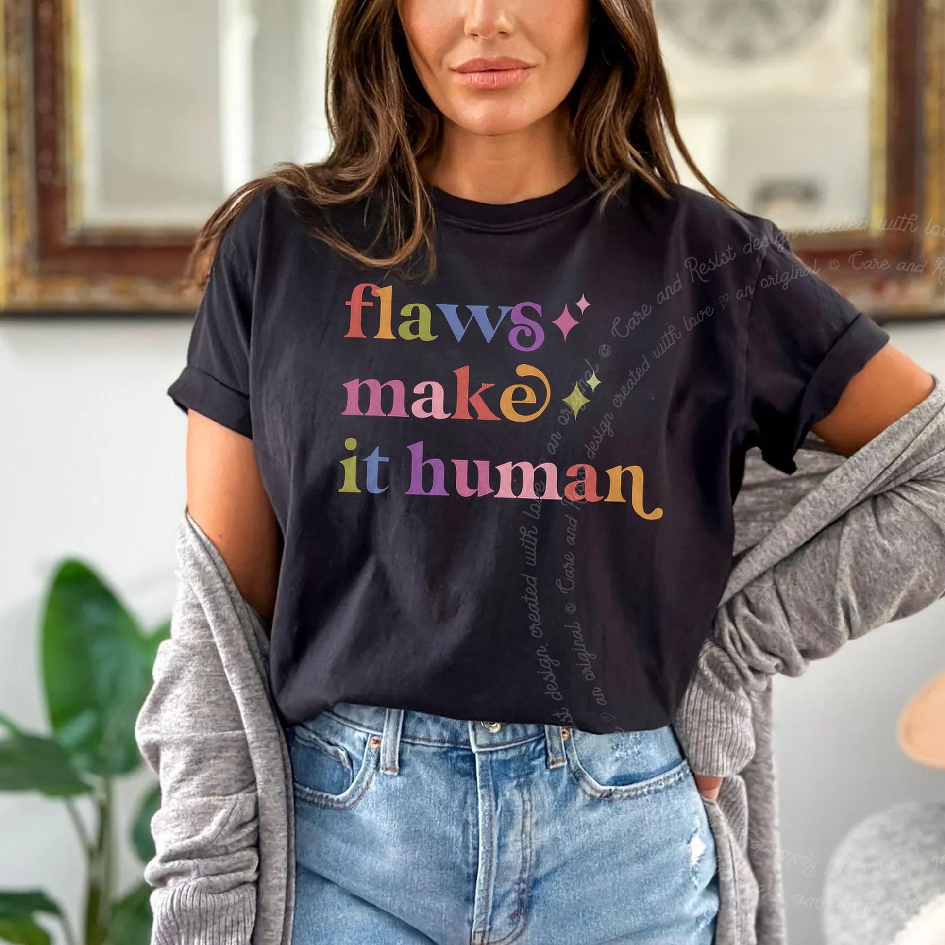 Flaws Make It Human Care & Resist rainbow Comfort Colors tee, Black