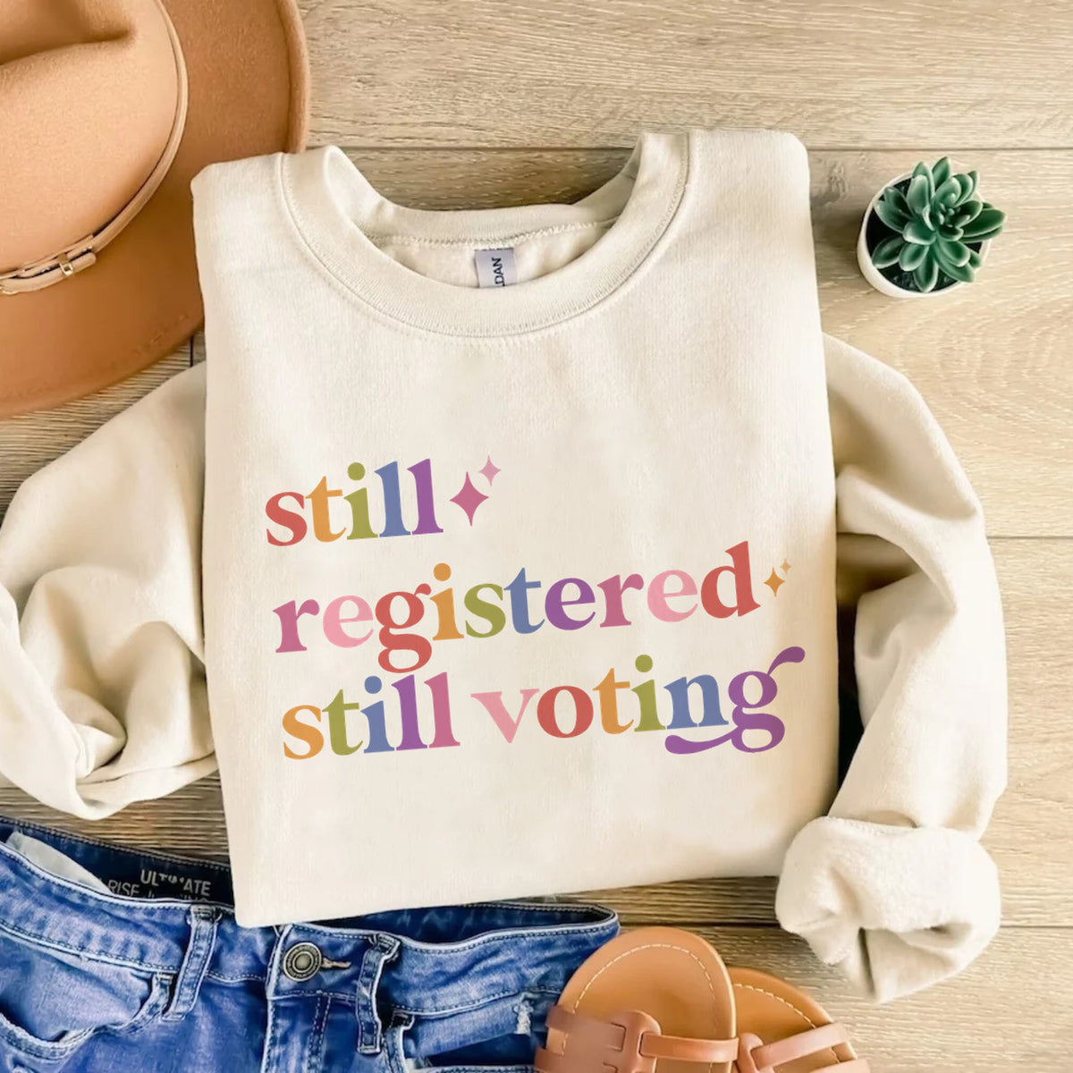 Still Registered Still Voting Care & Resist Gildan crewneck sweatshirt in Sand