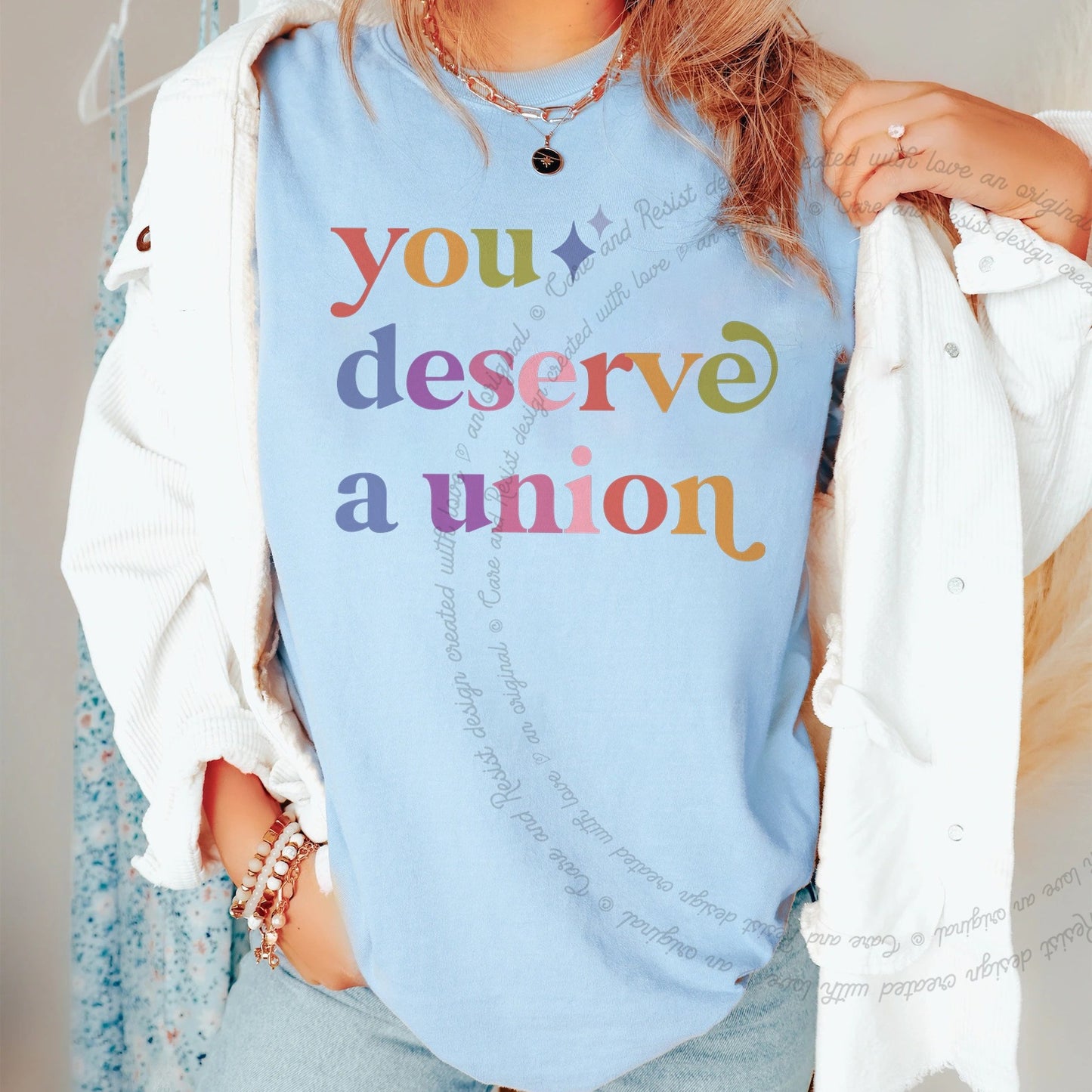 You Deserve a Union Care & Resist rainbow Comfort Colors tee, Chambray
