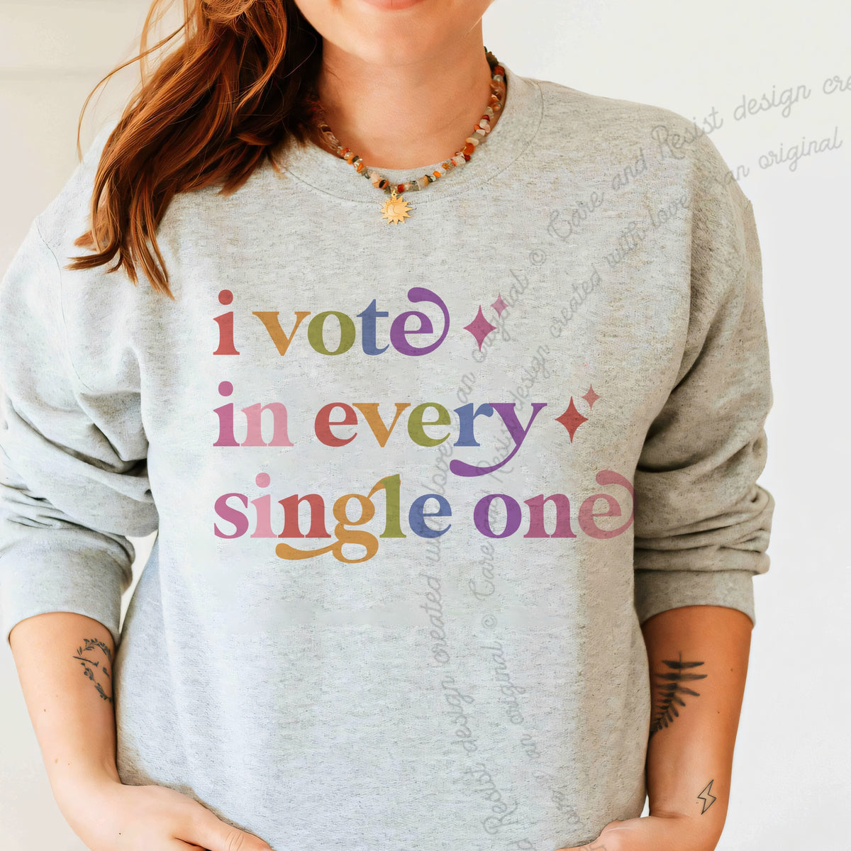 I Vote in Every Single One Care & Resist Gildan crewneck sweatshirt in Sport Grey