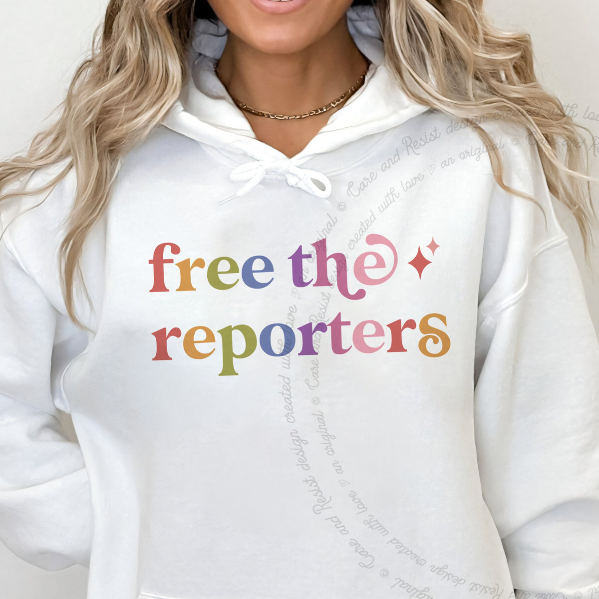 Free the Reporters Care & Resist Gildan hoodie in White
