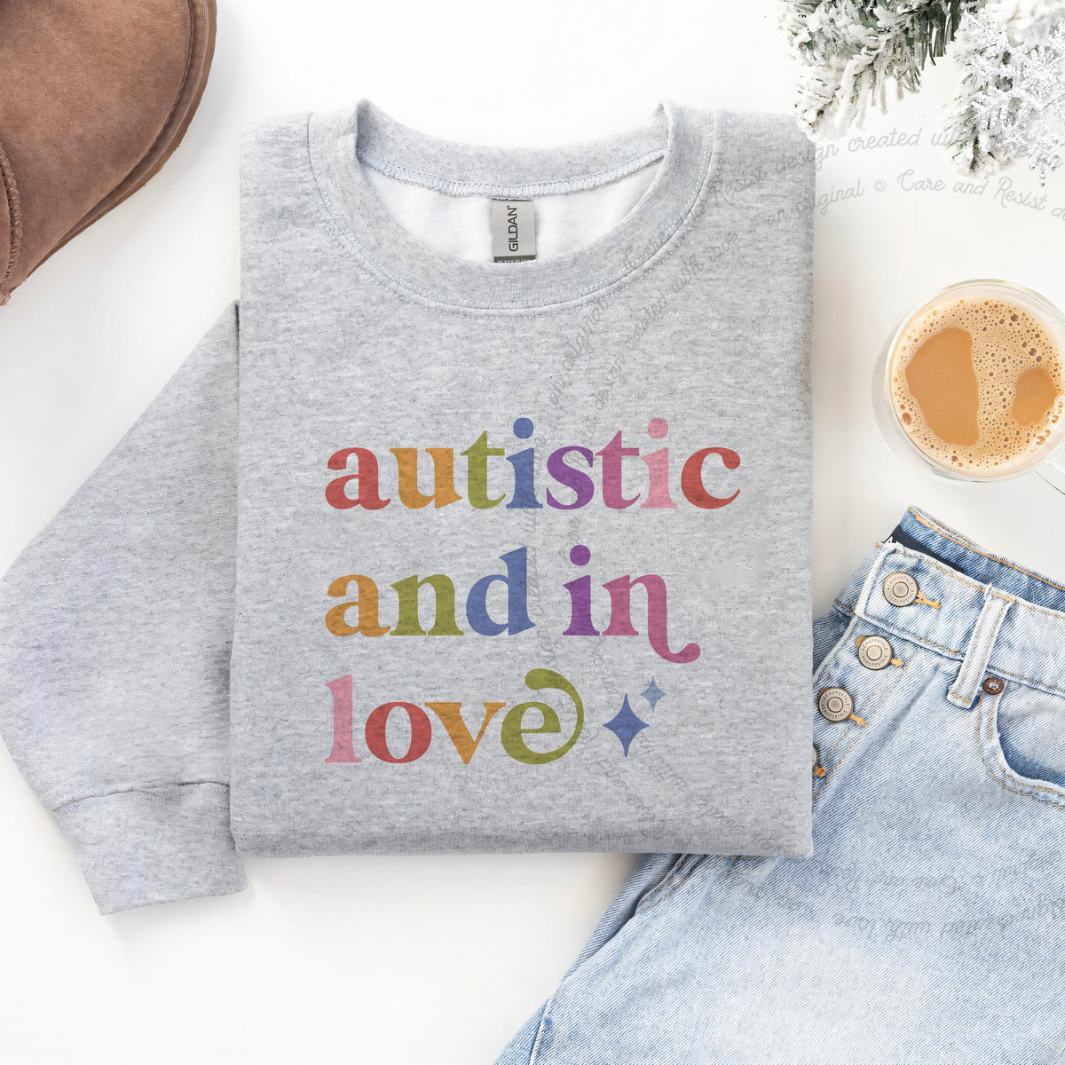Autistic and in Love Care & Resist Gildan crewneck sweatshirt in Sport Grey