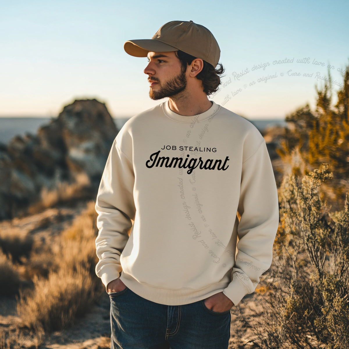 Job Stealing Immigrant Care & Resist Gildan crewneck sweatshirt in Sand