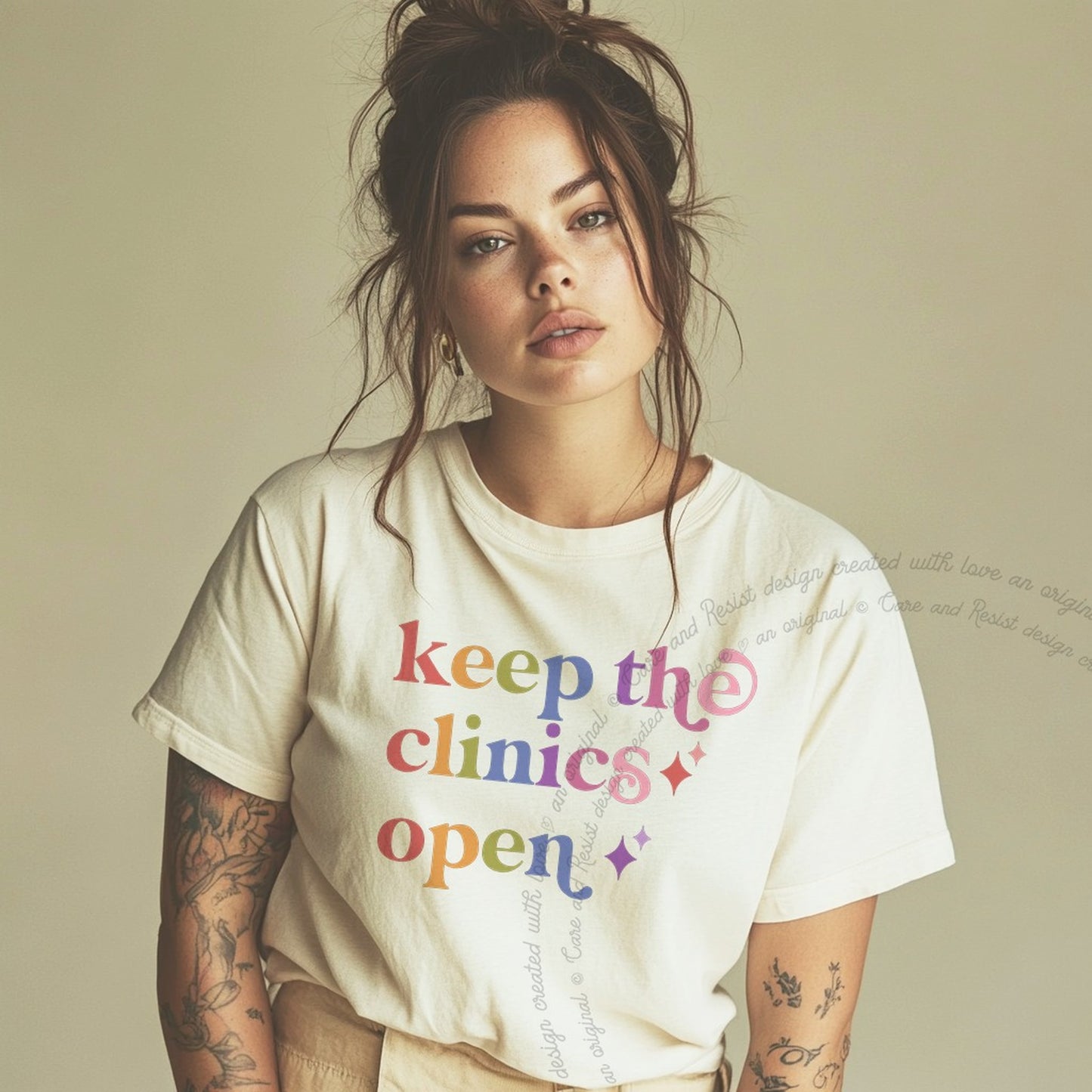 Keep the Clinics Open Care & Resist rainbow Comfort Colors tee, Ivory