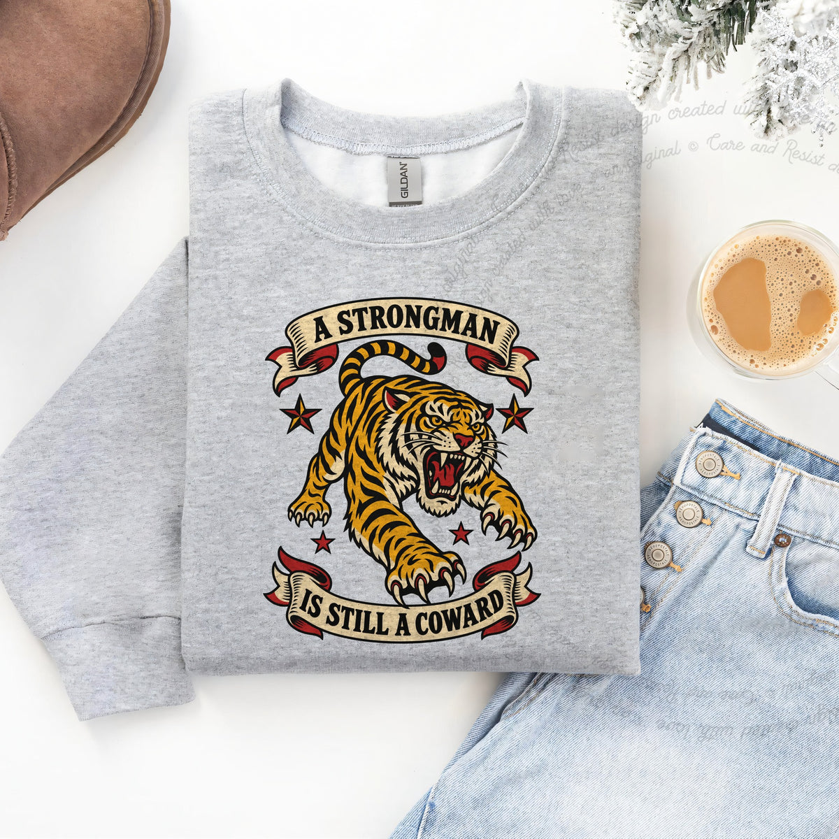A Strongman is Still a Coward Tiger Care & Resist Gildan crewneck sweatshirt in Sport Grey