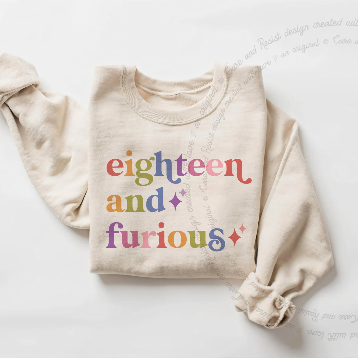 Eighteen and Furious Care & Resist Gildan crewneck sweatshirt in Sand