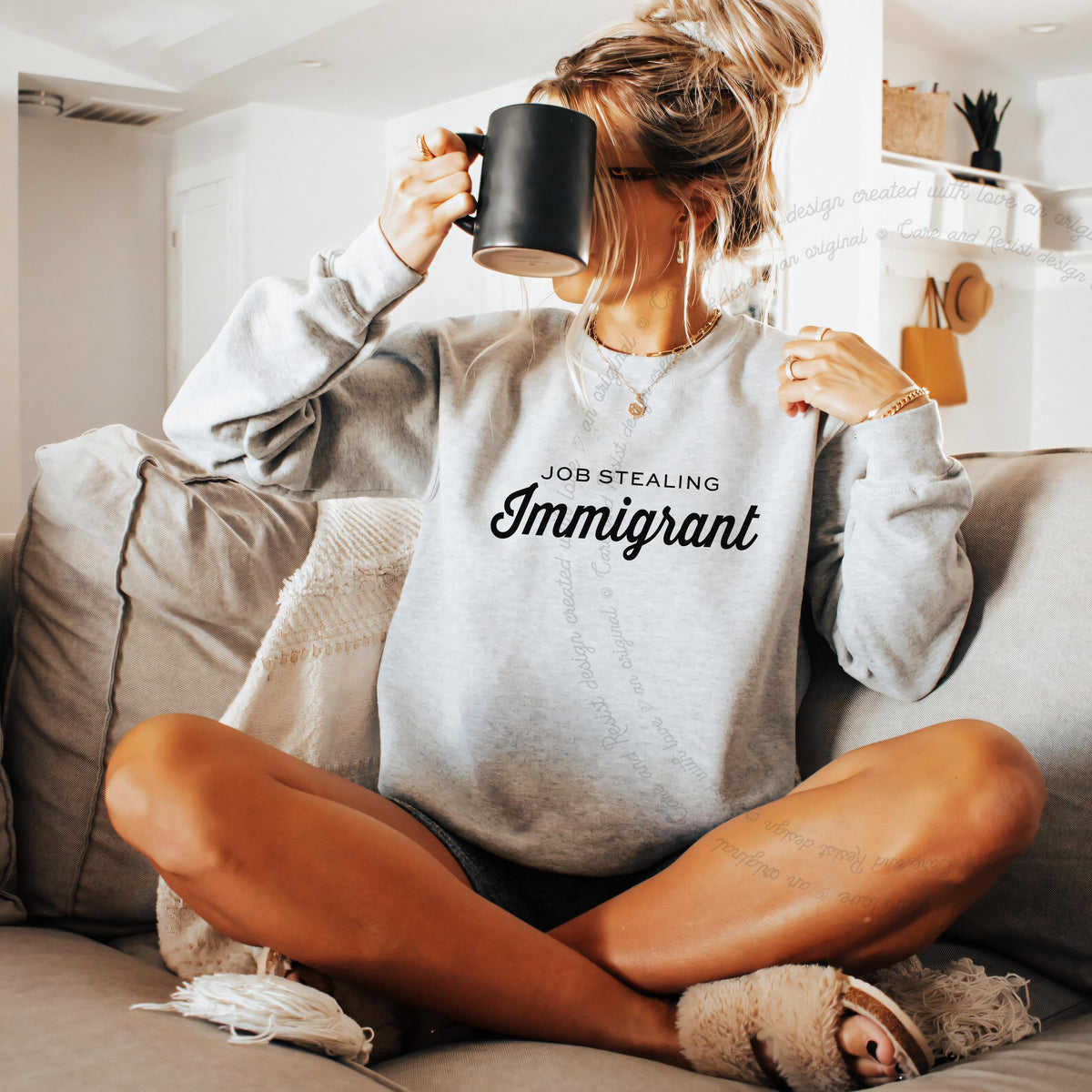 Job Stealing Immigrant Care & Resist Gildan crewneck sweatshirt in Sport Grey