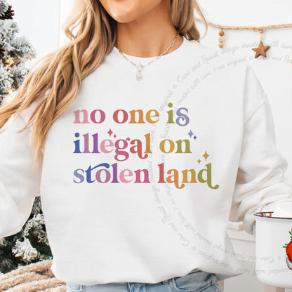 No One Is Illegal on Stolen Land Care & Resist Gildan crewneck sweatshirt in White