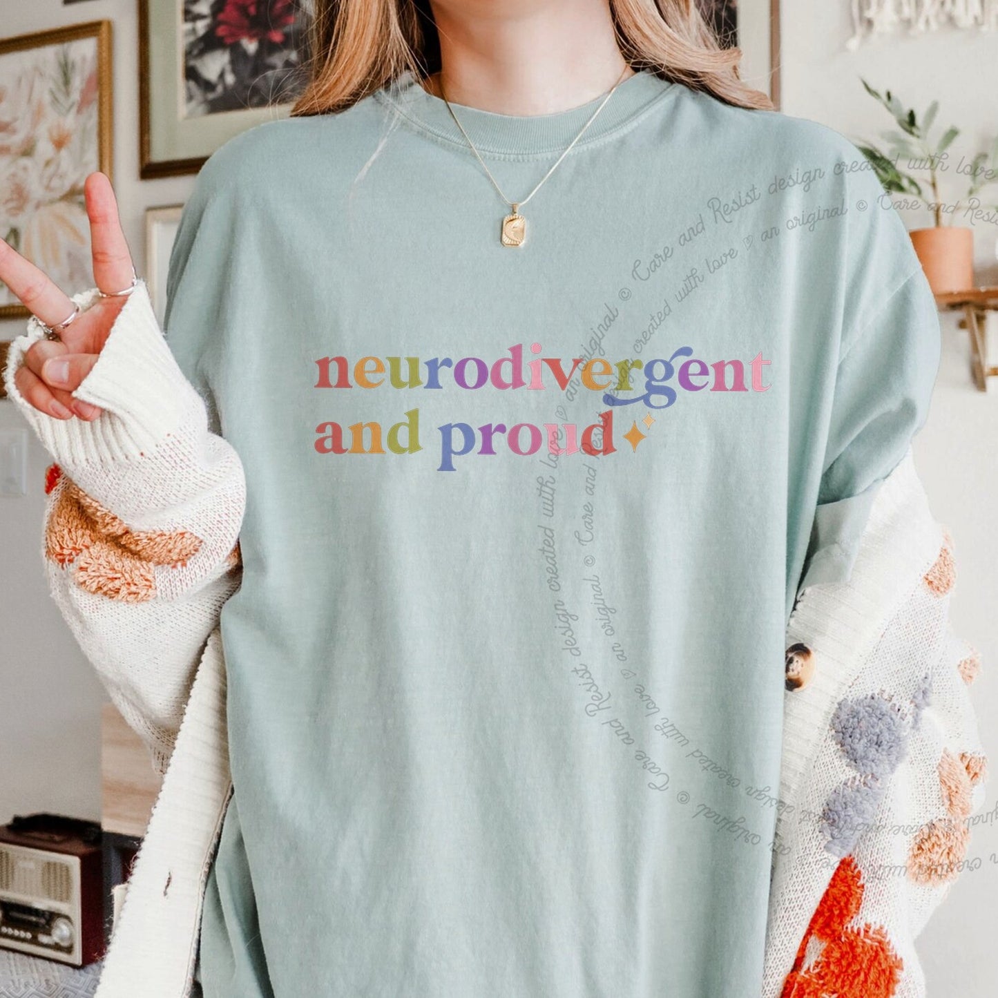 Neurodivergent and Proud Care & Resist rainbow Comfort Colors tee, Bay