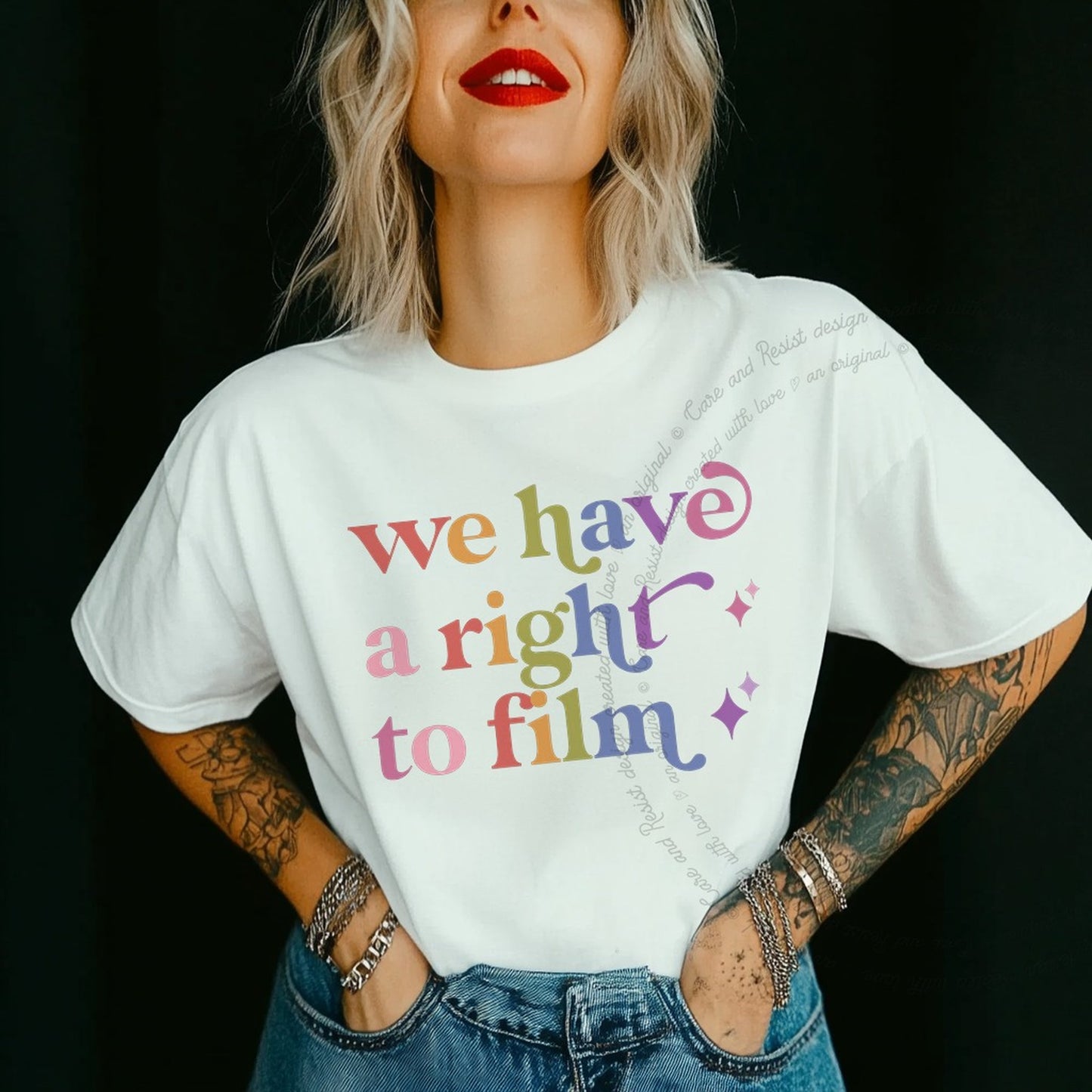 We Have a Right to Film Care & Resist rainbow Comfort Colors tee, White