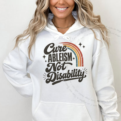 Cure Ableism not Disability Badge Care & Resist Gildan hoodie in White