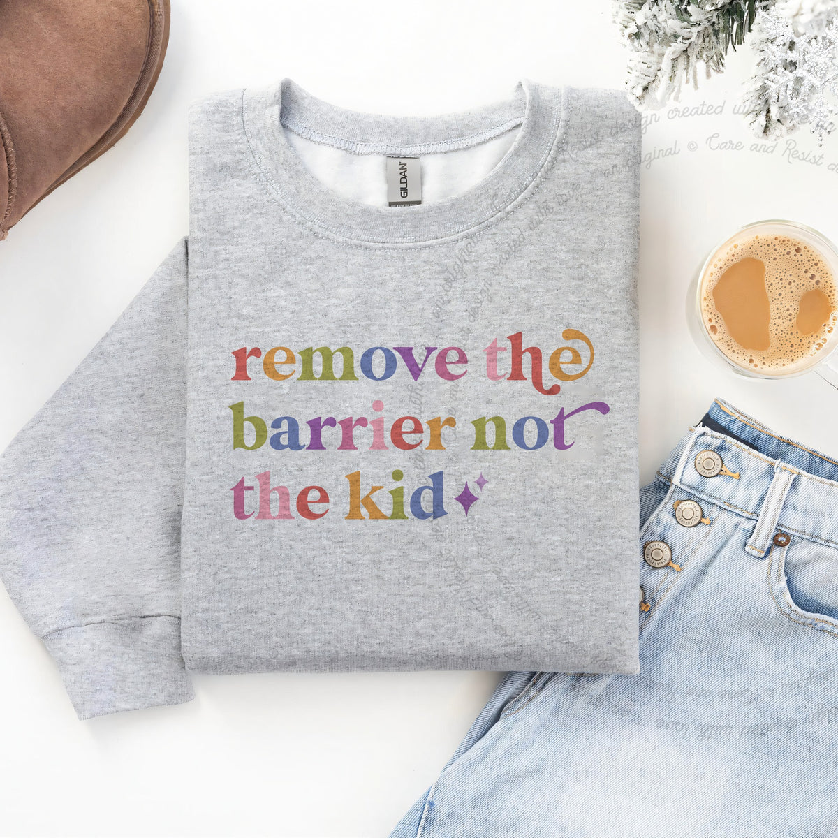 Remove the Barrier not the Kid Care & Resist Gildan crewneck sweatshirt in Sport Grey