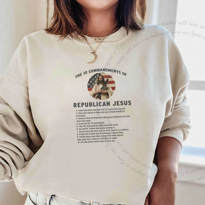 The 10 Commandments of Republican Jesus Care & Resist Gildan crewneck sweatshirt in Sand