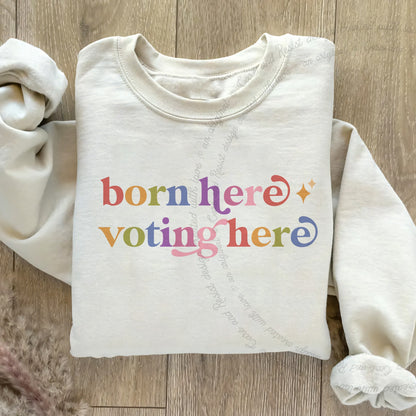 Born Here Voting Here Care & Resist Gildan crewneck sweatshirt in Sand