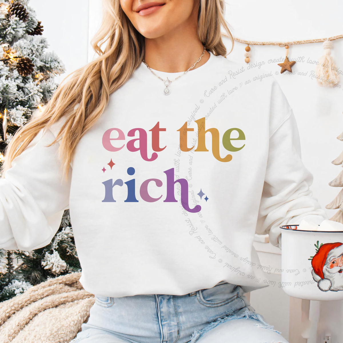 Eat the Rich Care & Resist Gildan crewneck sweatshirt in White