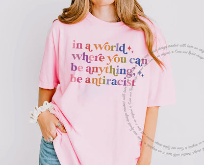 Be Antiracist Care & Resist progressive t-shirt in Blossom