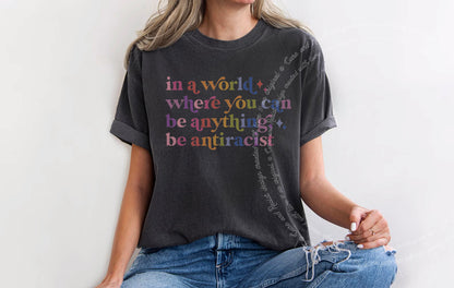Be Antiracist Care & Resist progressive t-shirt in Graphite