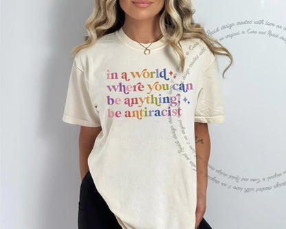 Be Antiracist Care & Resist progressive t-shirt in Ivory