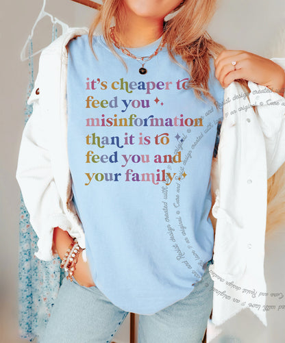 Misinformation Care & Resist progressive t-shirt in Chambray